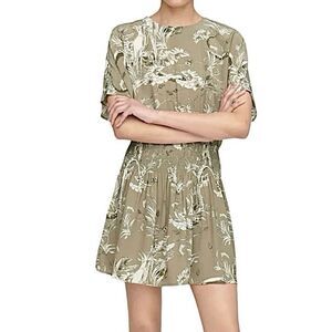 Anine Bing Kaine Dress Tropical Print Olive Smocked Size L • NEW WITH TAGS •